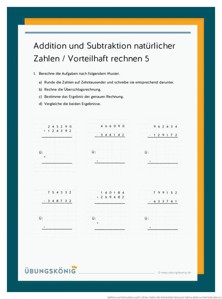 Addition Und Subtraktion NatÃ¼rlicher Zahlen Fuer Arbeitsblatt Rationale Zahlen Addieren Und Subtrahieren