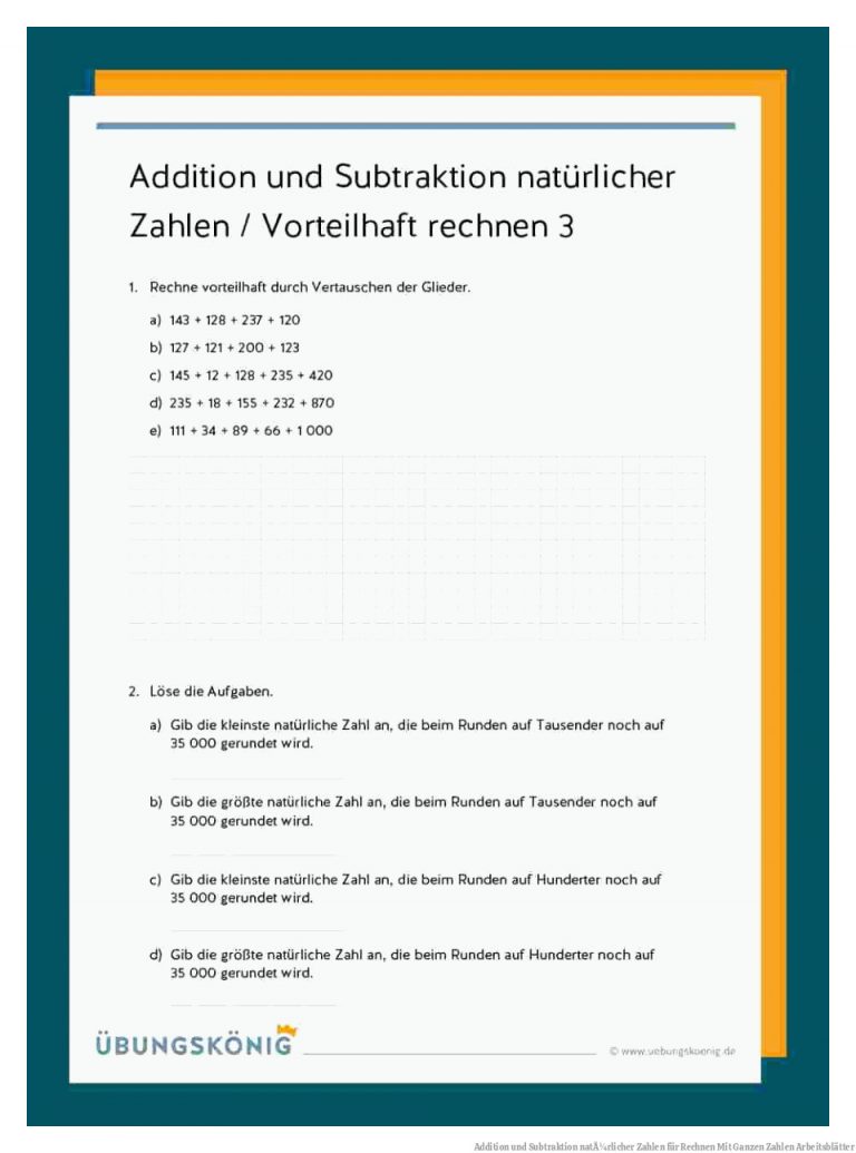 Addition und Subtraktion natÃ¼rlicher Zahlen für Rechnen Mit Ganzen Zahlen Arbeitsblätter