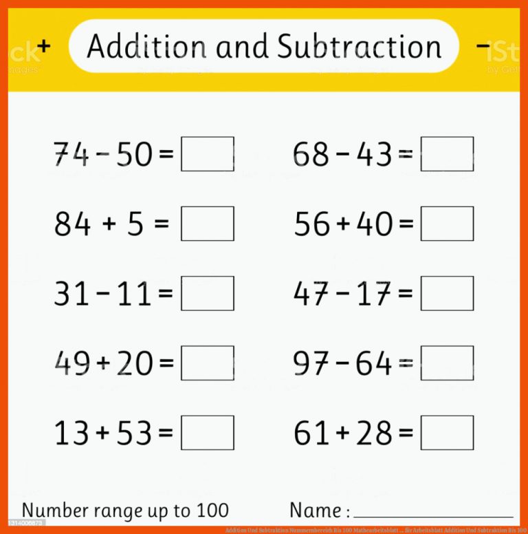 Addition Und Subtraktion Nummernbereich Bis 100 Mathearbeitsblatt ... für arbeitsblatt addition und subtraktion bis 100