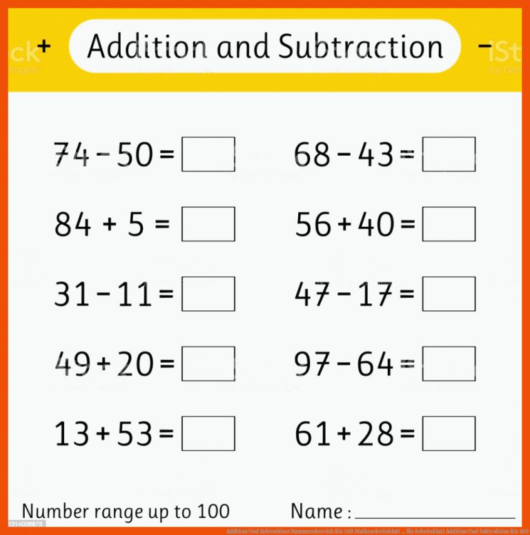 Addition Und Subtraktion Nummernbereich Bis 100 Mathearbeitsblatt ... Fuer Arbeitsblatt Addition Und Subtraktion Bis 100