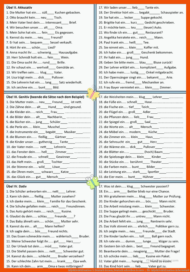 Adjektivdeklination 3. | Deutsch lernen, Deutsch schreiben lernen ... für adjektivdeklination arbeitsblatt