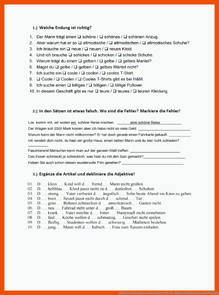Adjektivdeklination Arbeitsblatt | PDF für adjektivdeklination arbeitsblatt