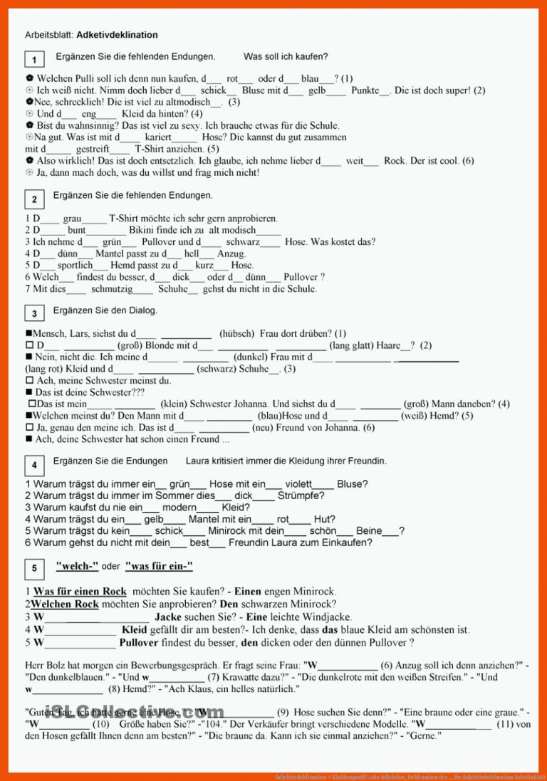 Adjektivdeklination + KleidungsstÃ¼cke | Adjektive, Deklination der ... für adjektivdeklination arbeitsblatt
