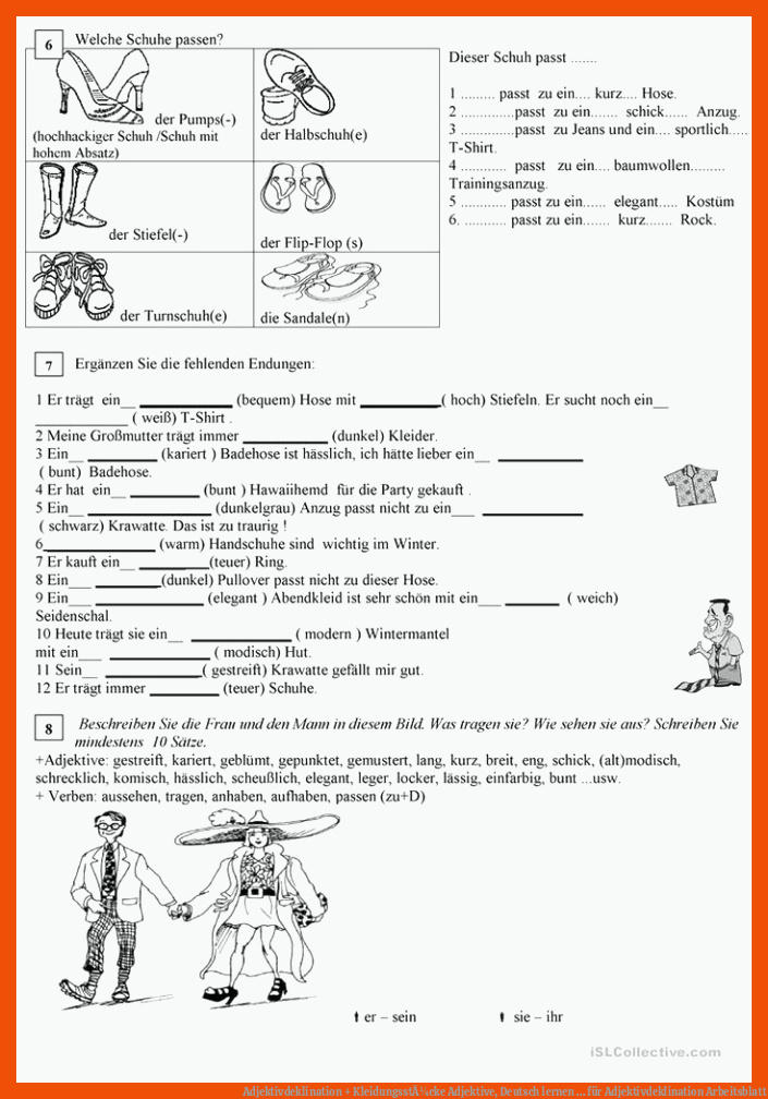 Adjektivdeklination + KleidungsstÃ¼cke | Adjektive, Deutsch lernen ... für adjektivdeklination arbeitsblatt