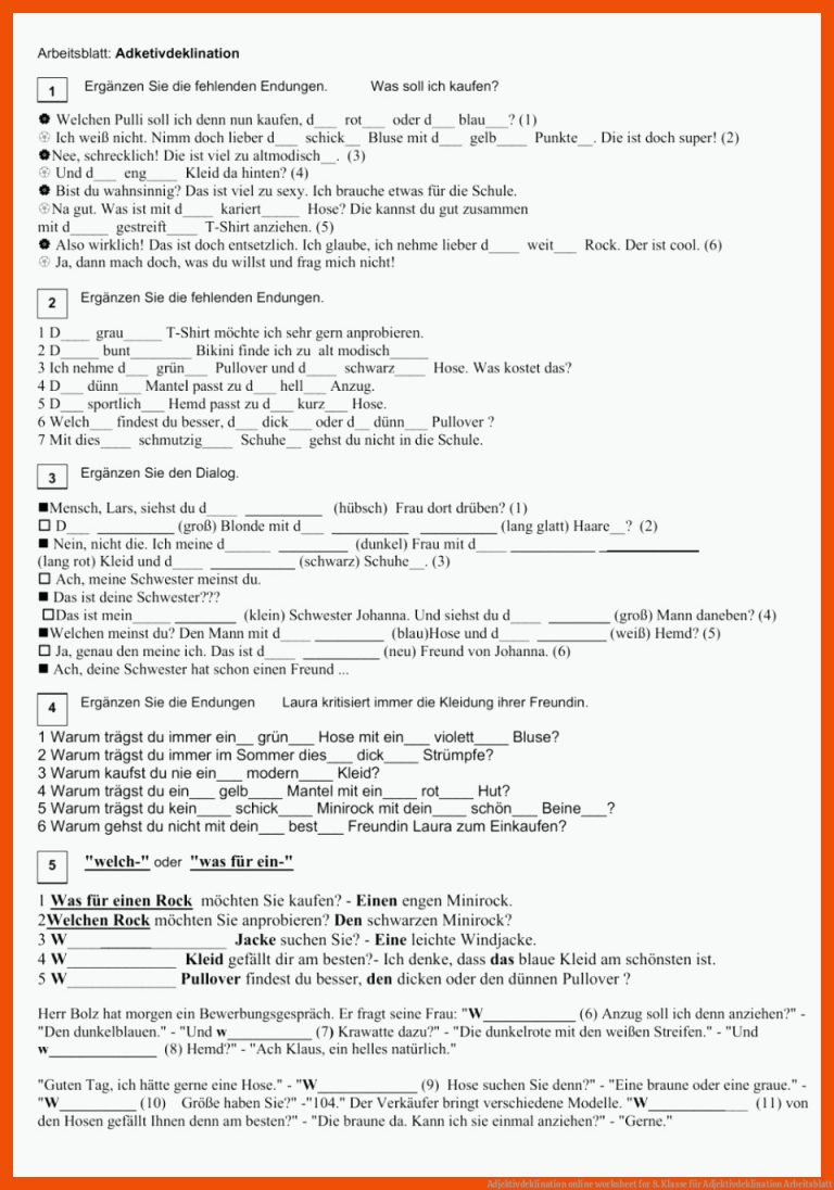 Adjektivdeklination online worksheet for 8. Klasse für adjektivdeklination arbeitsblatt