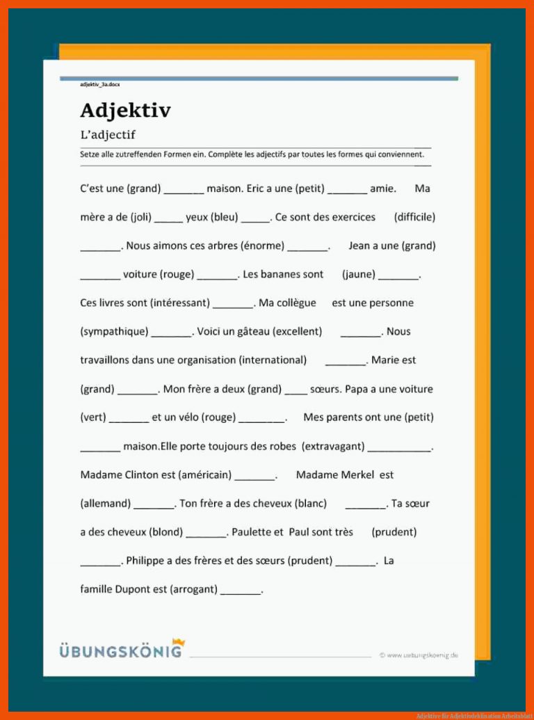 Adjektive für adjektivdeklination arbeitsblatt