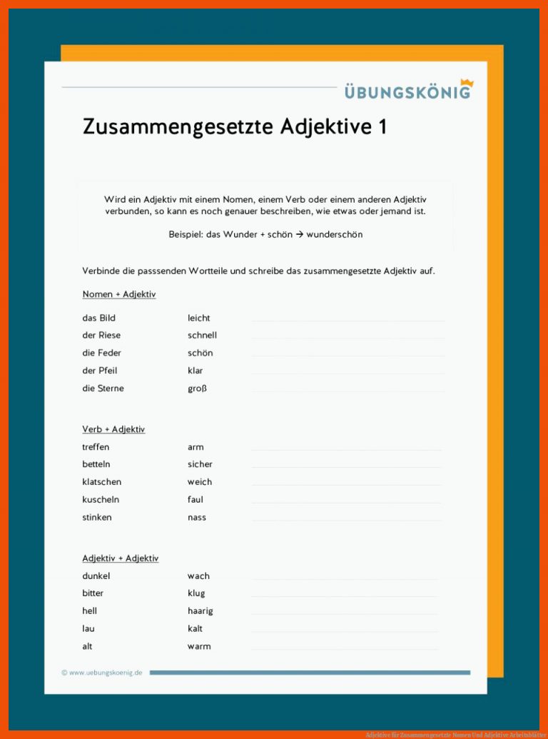 Adjektive für zusammengesetzte nomen und adjektive arbeitsblätter