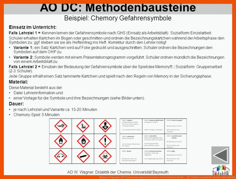 Advance Organizer DC Voraussetzungen Konzeption Unterrichtsmethode ... für gefahrensymbole chemie arbeitsblatt