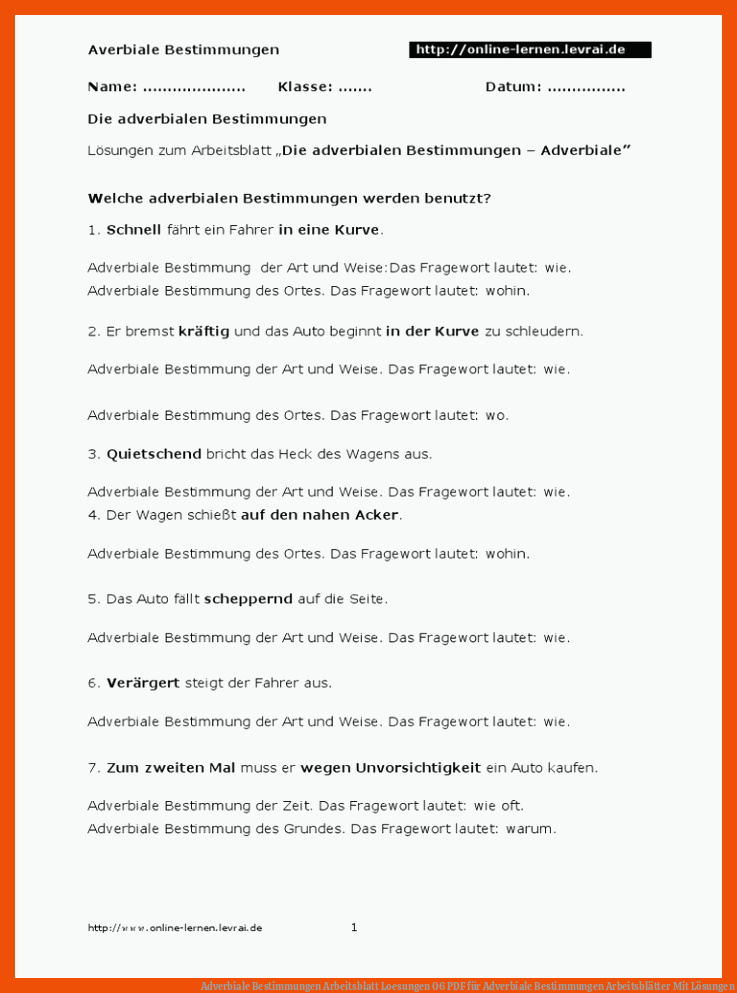 Adverbiale Bestimmungen Arbeitsblatt Loesungen 06 | PDF für adverbiale bestimmungen arbeitsblätter mit lösungen