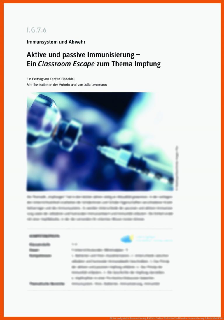 Aktive und passive Immunisierung | RAAbits Online für aktive und passive immunisierung arbeitsblatt klett