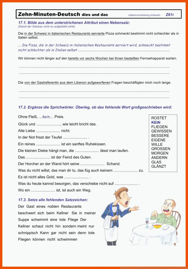 ArbeitsblÃ¤tter Deutsch Mittelschulvorbereitung für satzbau übungen deutsch arbeitsblätter