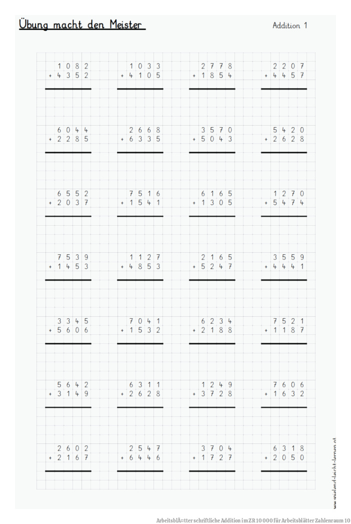 ArbeitsblÃ¤tter schriftliche Addition im ZR 10 000 für Arbeitsblätter Zahlenraum 10