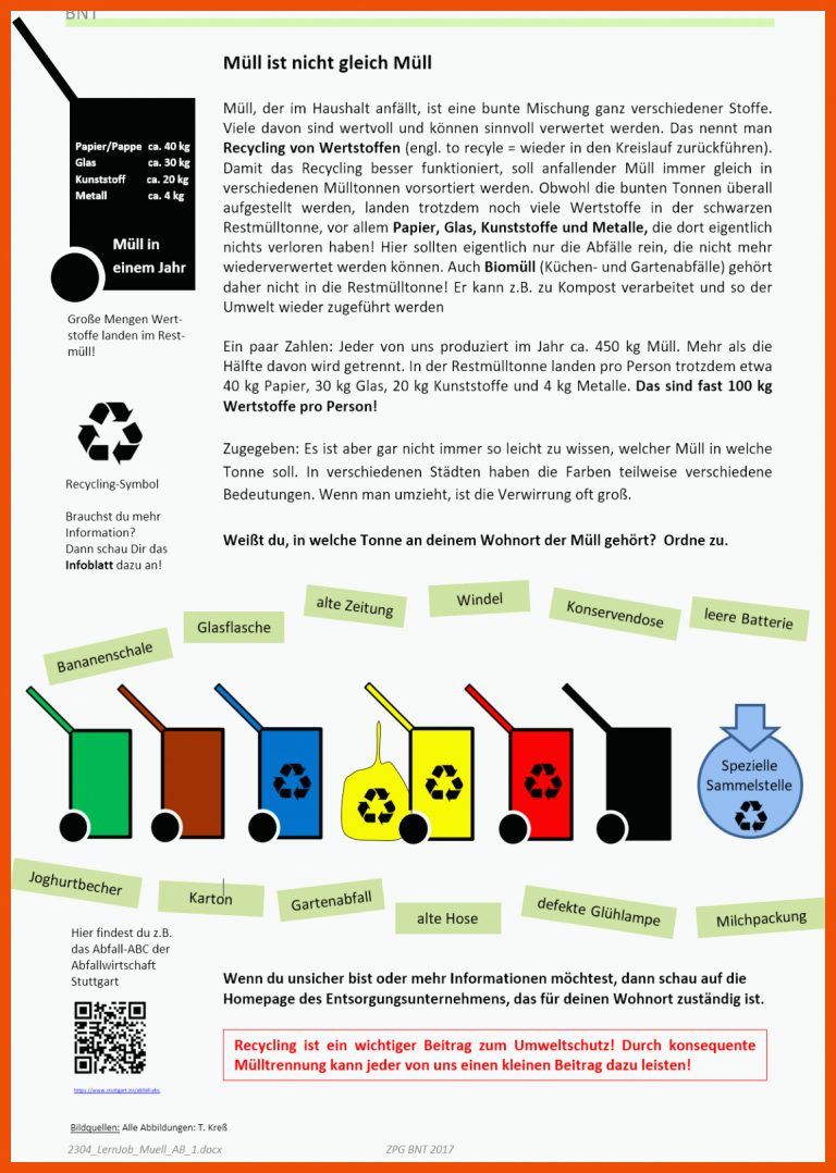 Arbeitsblatt 1 für müll sortieren arbeitsblatt