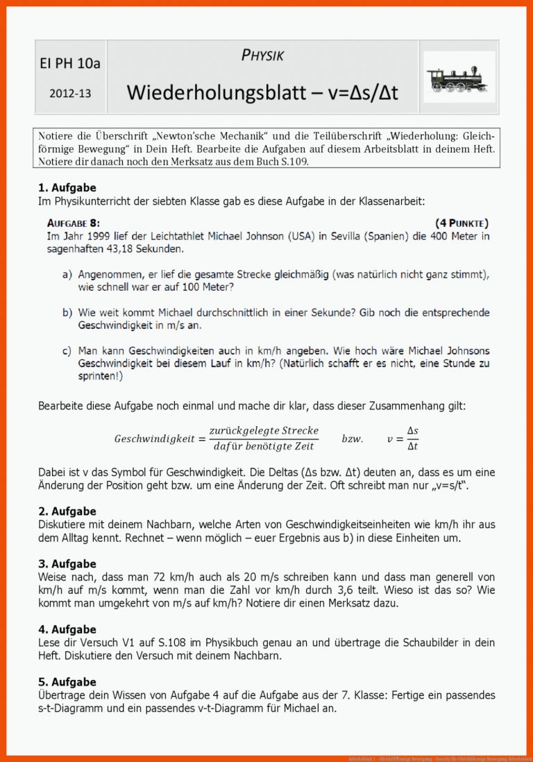 Arbeitsblatt 1 - GleichfÃ¶rmige Bewegung - Docsity Fuer Gleichförmige Bewegung Arbeitsblatt