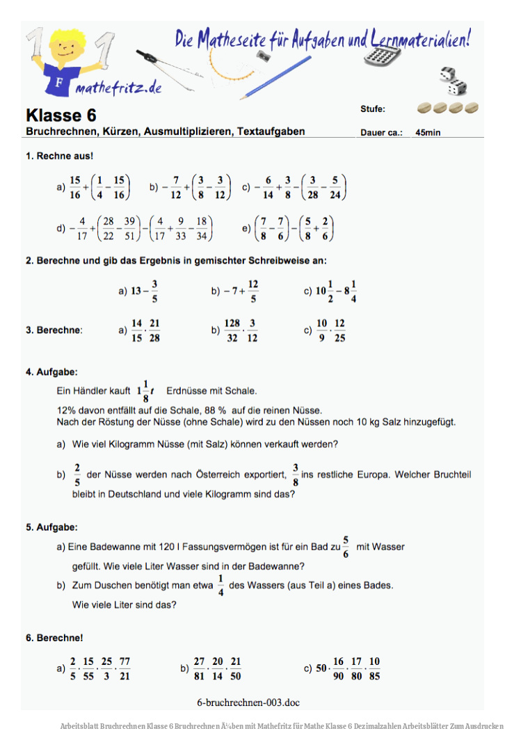 Arbeitsblatt Bruchrechnen Klasse 6 | Bruchrechnen Ã¼ben mit Mathefritz für Mathe Klasse 6 Dezimalzahlen Arbeitsblätter Zum Ausdrucken