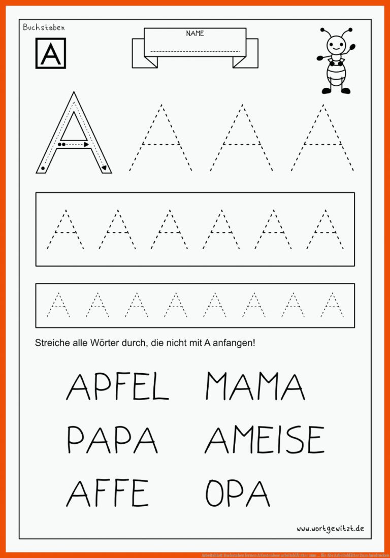 Arbeitsblatt Buchstaben lernen A | Kostenlose arbeitsblÃ¤tter zum ... für abc arbeitsblätter zum ausdrucken