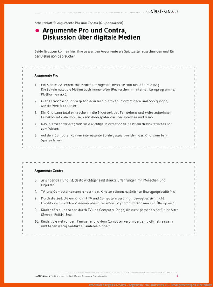 Arbeitsblatt Digitale Medien 5 Argumente Pro Und Contra | PDF für argumenttypen arbeitsblatt