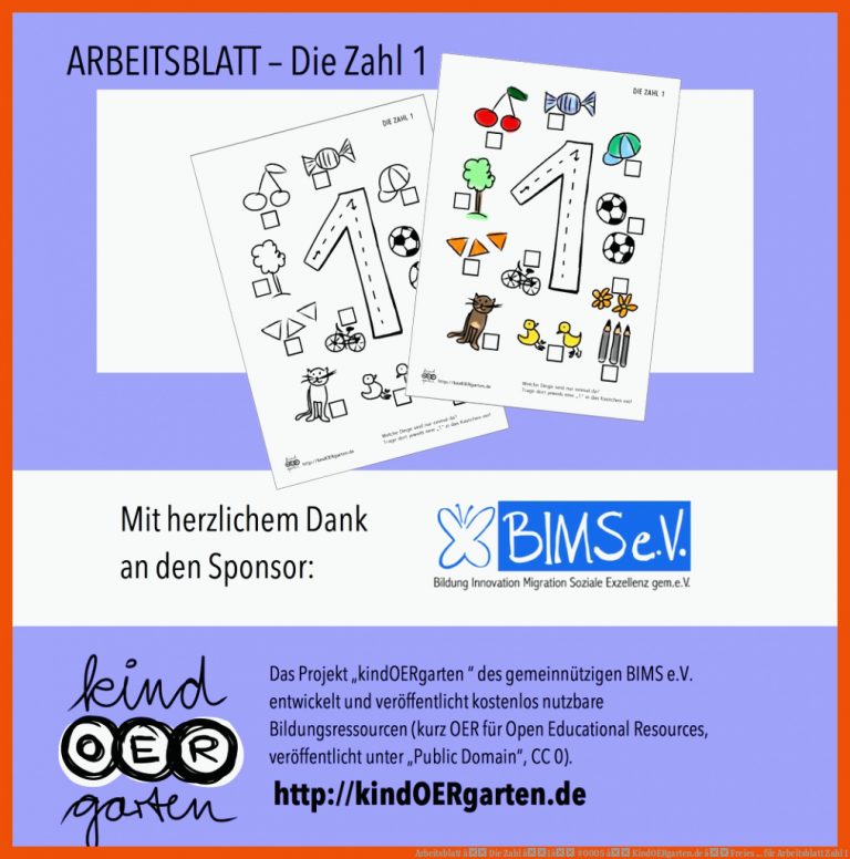 Arbeitsblatt â Die Zahl â1â |#0005 â KindOERgarten.de â Freies ... für arbeitsblatt zahl 1