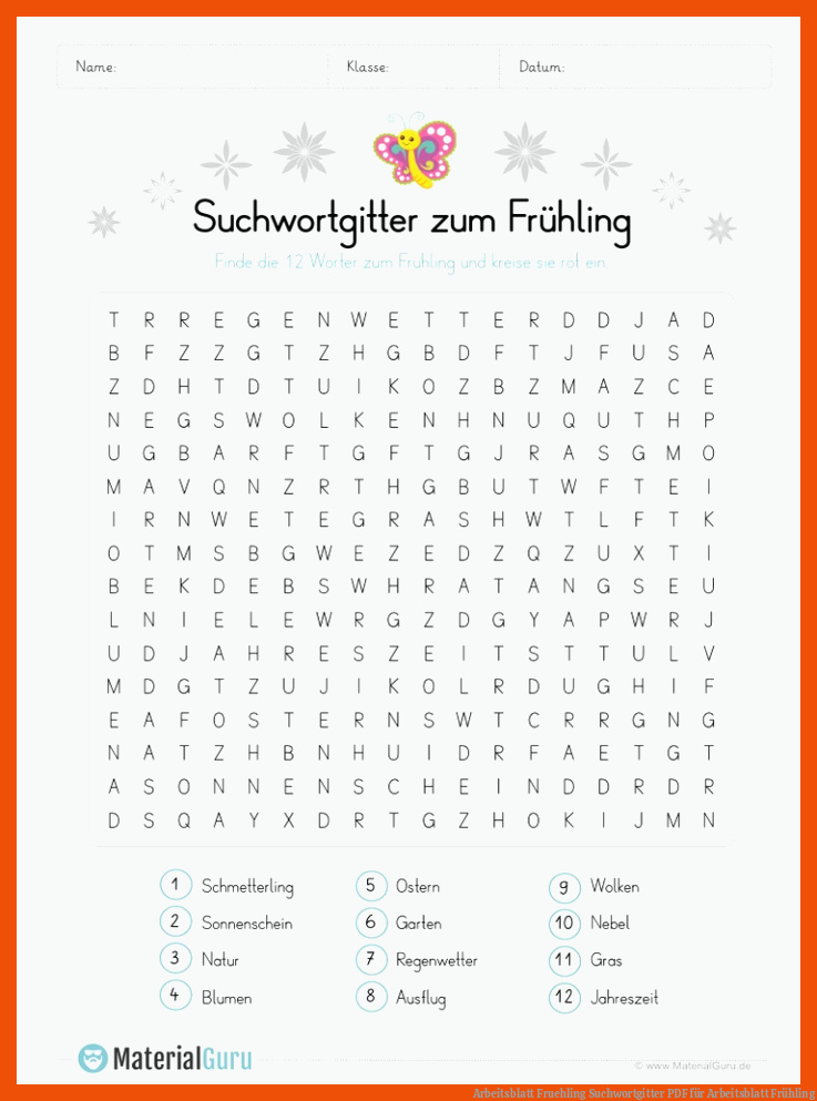 Arbeitsblatt Fruehling Suchwortgitter | PDF für arbeitsblatt frühling