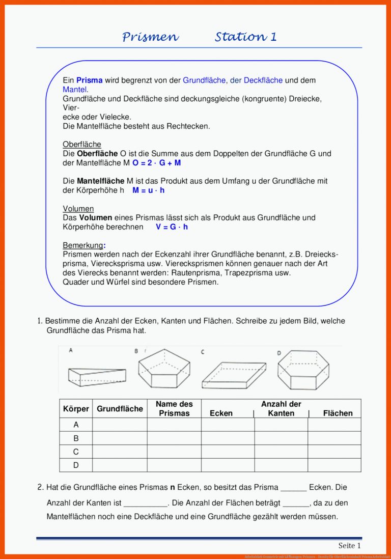 Arbeitsblatt Geometrie mit LÃ¶sungen: Prismen - Docsity für oberflächeninhalt prisma arbeitsblatt