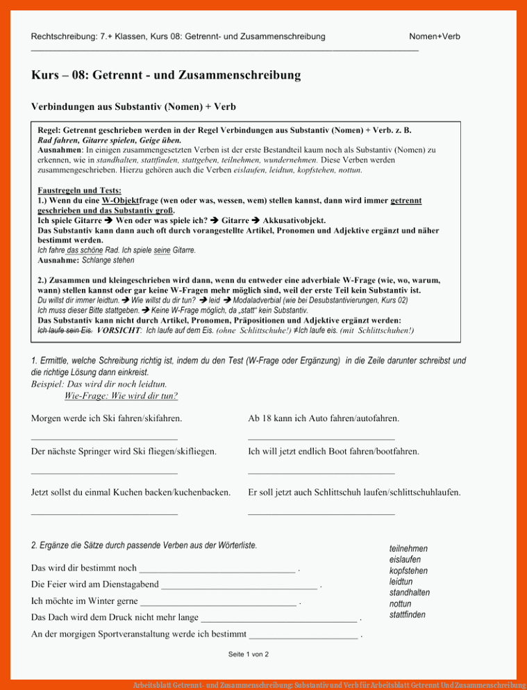 Arbeitsblatt Getrennt- und Zusammenschreibung: Substantiv und Verb für arbeitsblatt getrennt und zusammenschreibung