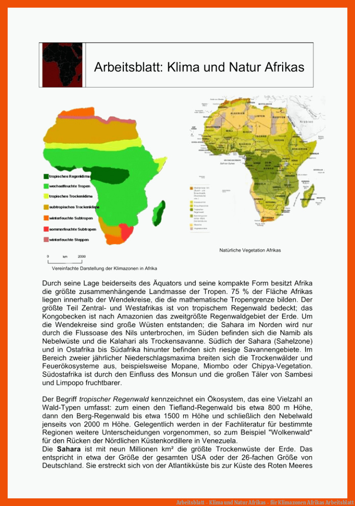Arbeitsblatt - Klima und Natur Afrikas - für klimazonen afrikas arbeitsblatt