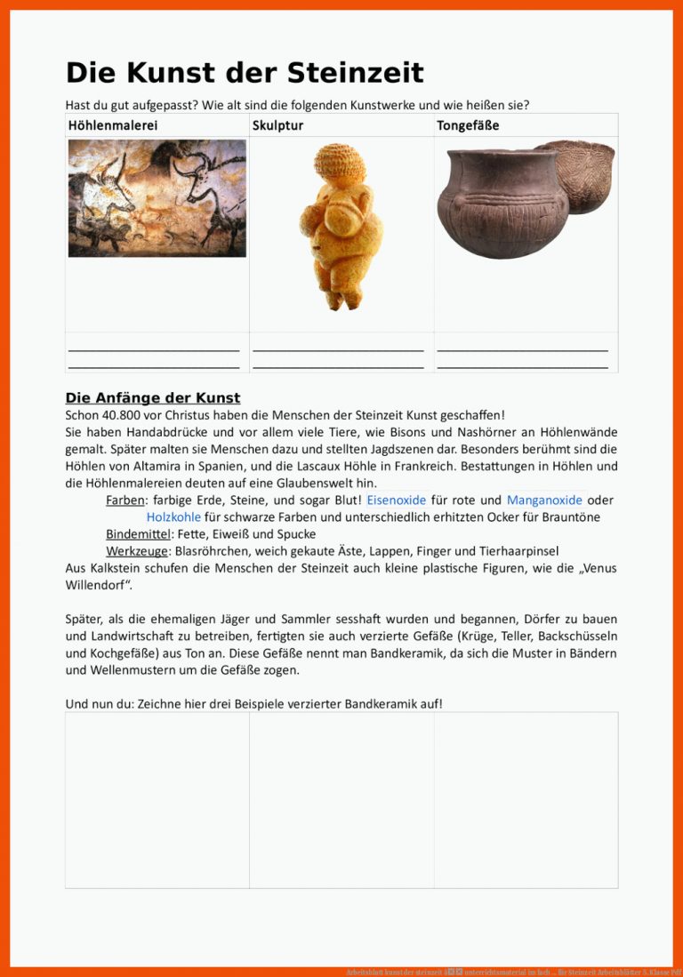 Arbeitsblatt kunst der steinzeit â unterrichtsmaterial im fach ... für steinzeit arbeitsblätter 5. klasse pdf