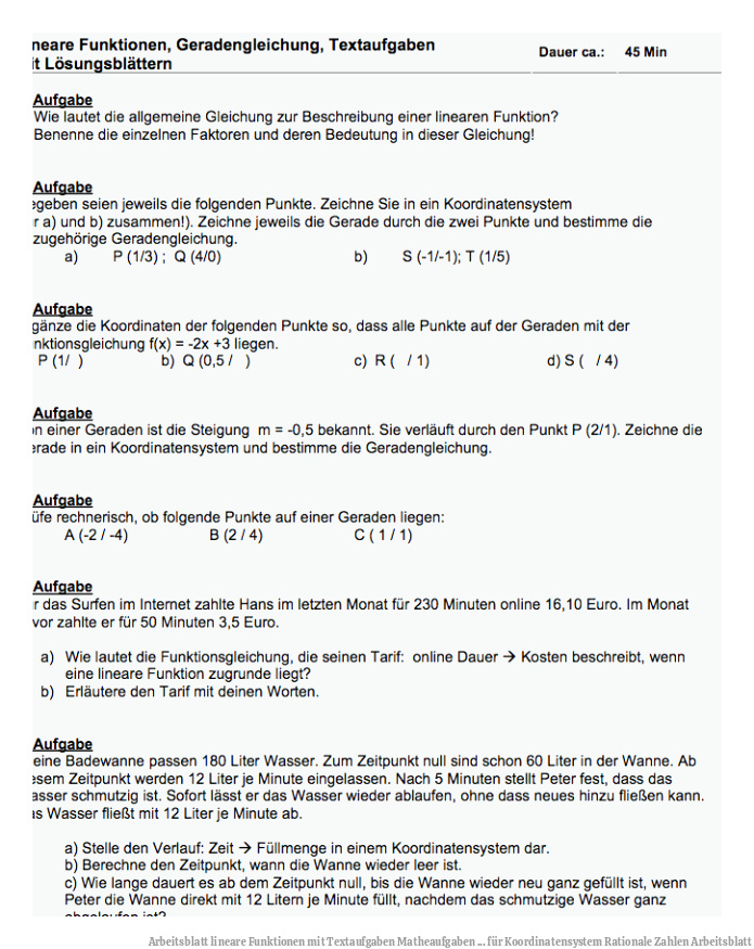 Arbeitsblatt lineare Funktionen mit Textaufgaben| Matheaufgaben ... für Koordinatensystem Rationale Zahlen Arbeitsblatt