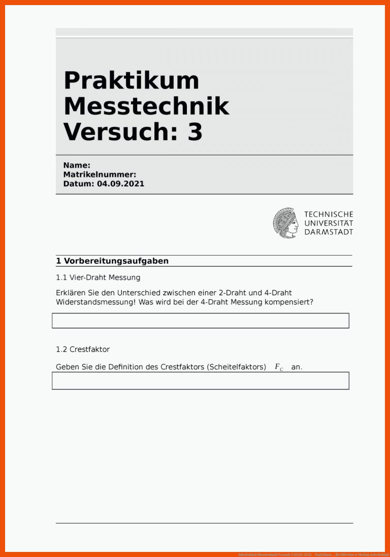 Arbeitsblatt Messtechnik Versuch 3 2020-2021 - Praktikum ... für mittelwert median arbeitsblatt