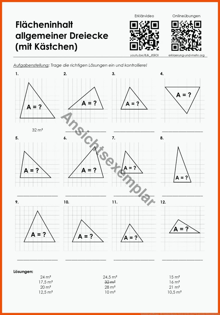 "arbeitsblatt Mit LÃ¶sungen - FlÃ¤cheninhalt Allgemeiner Dreiecke (mit KÃ¤stchen)" Fuer Arbeitsblatt Flächeninhalt Dreieck