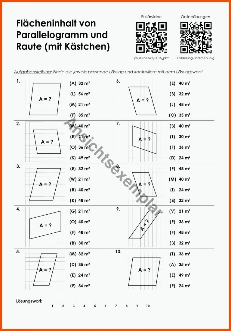arbeitsblatt multiple choice flaecheninhalt von parallelogramm und raute mit kaestchen fuer parallelogramm arbeitsblatt