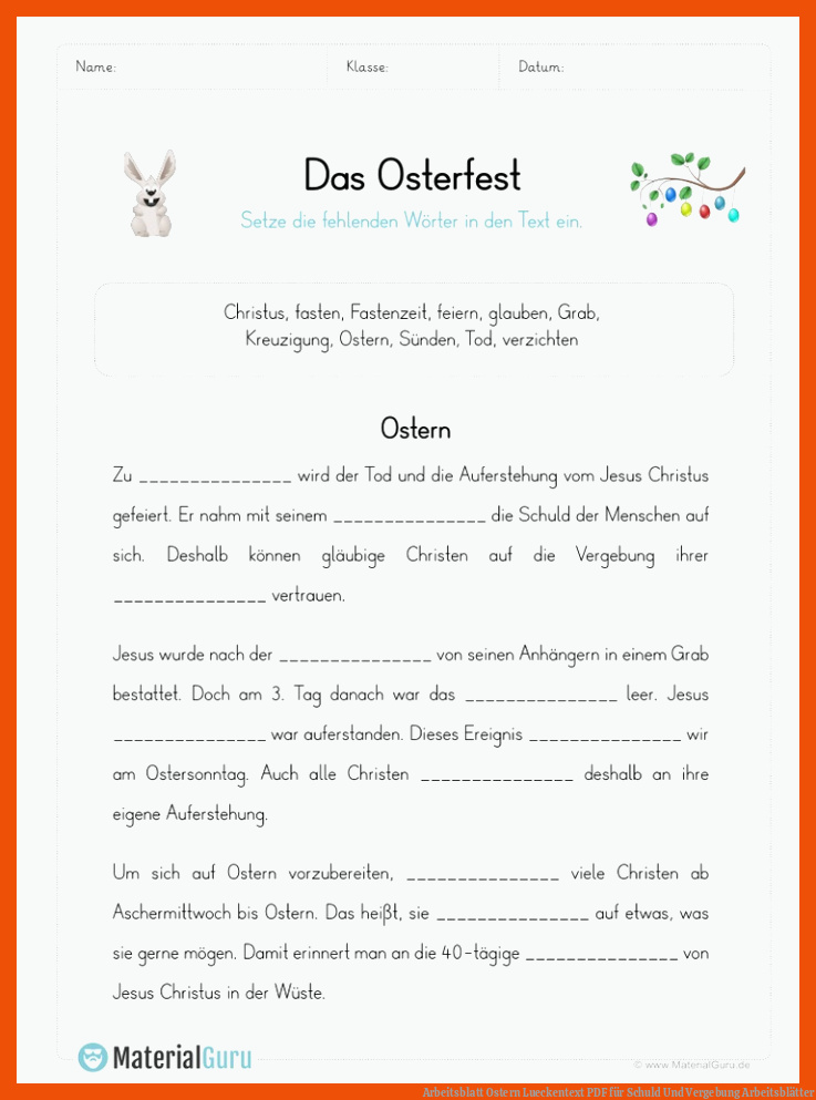 Arbeitsblatt Ostern Lueckentext | PDF für schuld und vergebung arbeitsblätter