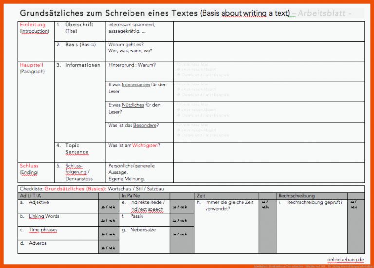 Arbeitsblatt: Strukturierten Text schreiben - Struktur und Stil ... für linking words übungen arbeitsblatt