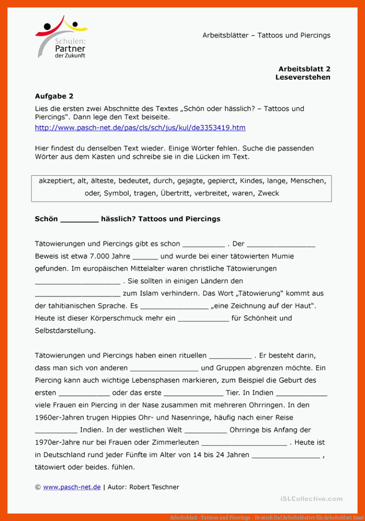 Arbeitsblatt -Tattoos und Piercings - Deutsch Daf Arbeitsblatter für arbeitsblatt haut