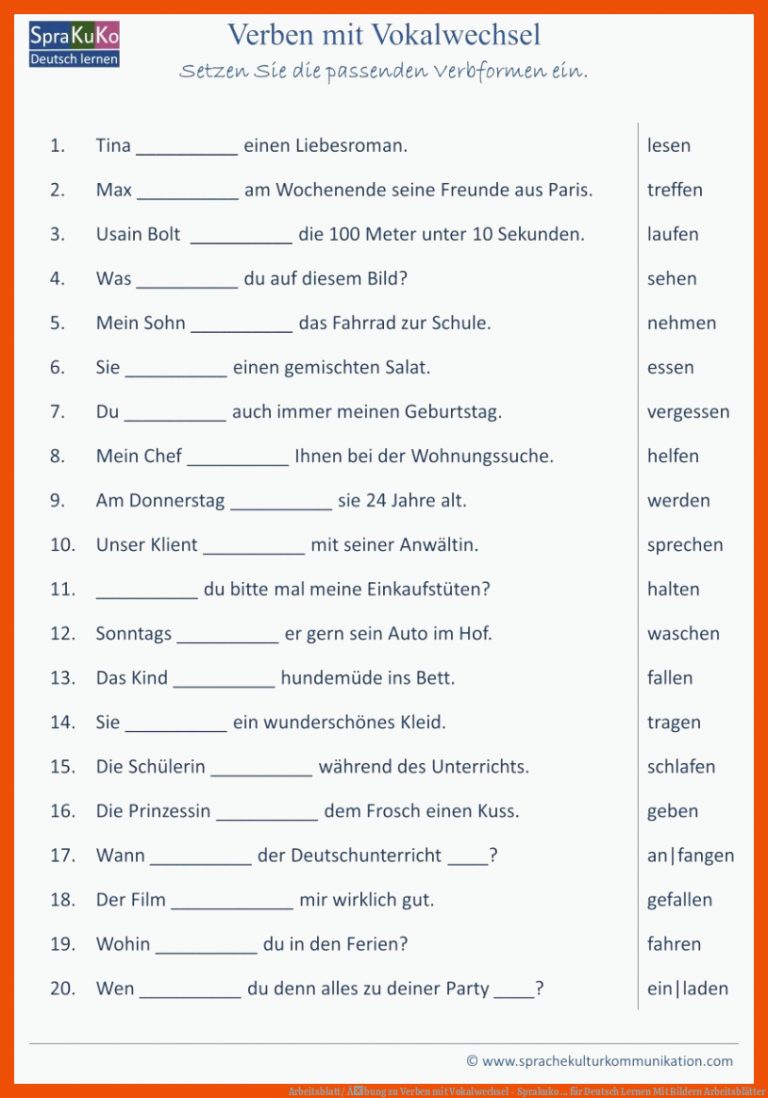 Arbeitsblatt/ Ãbung zu Verben mit Vokalwechsel - Sprakuko ... für deutsch lernen mit bildern arbeitsblätter