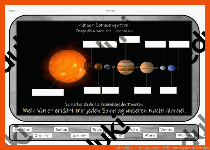 Arbeitsblatt - unser Sonnensystem für sonnensystem arbeitsblatt