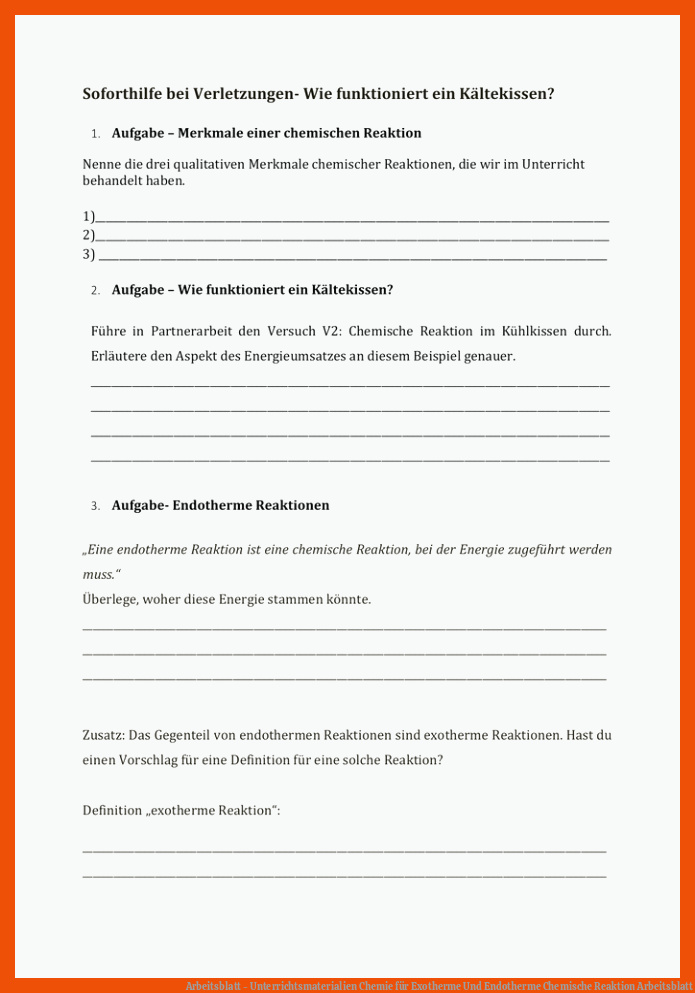 Arbeitsblatt - Unterrichtsmaterialien Chemie für exotherme und endotherme chemische reaktion arbeitsblatt