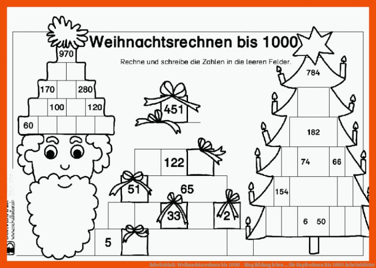 Arbeitsblatt: Weihnachtsrechnen bis 1000 - Blog | Bildung leben ... für kopfrechnen bis 1000 arbeitsblätter
