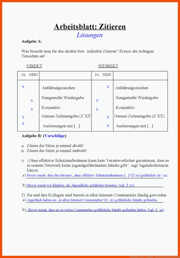 Arbeitsblatt: Zitieren - LÃ¶sungen - Docsity für arbeitsblatt zitieren üben