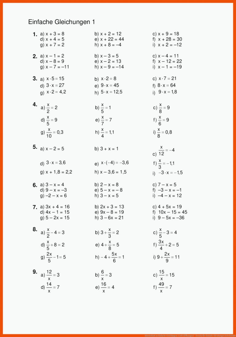 Arbeitsblatt zu Einfache Gleichungen 1 (mit LÃ¶sungen) - Docsity für einfache gleichungen arbeitsblatt