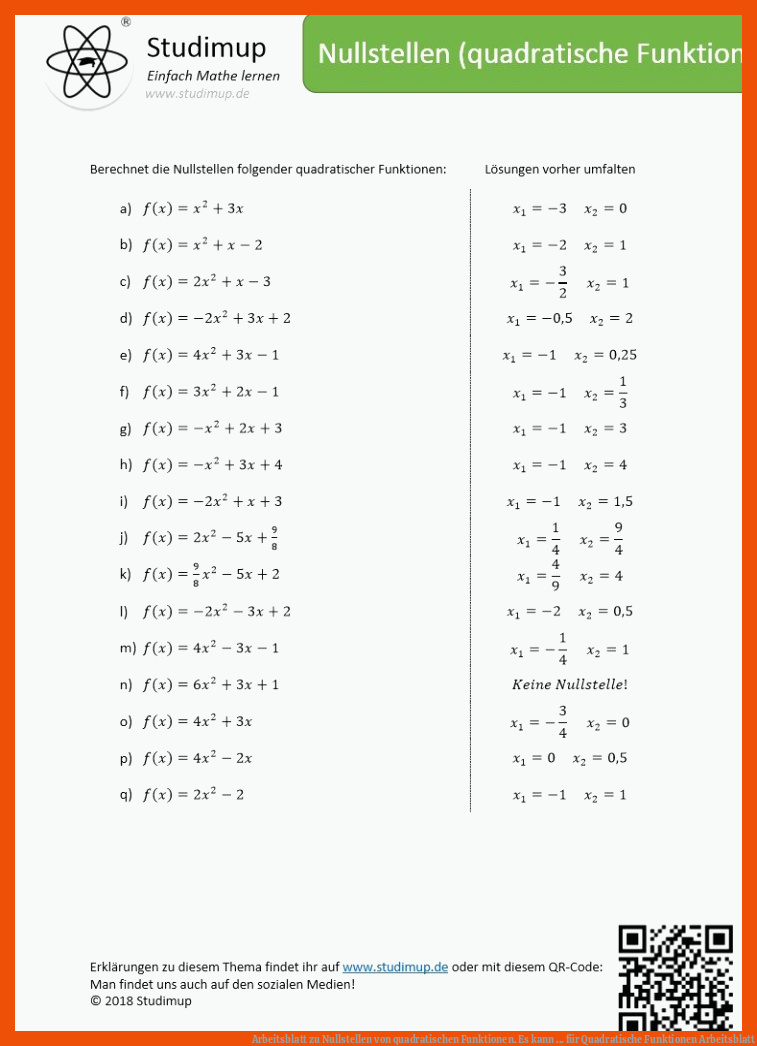 Arbeitsblatt zu Nullstellen von quadratischen Funktionen. Es kann ... für quadratische funktionen arbeitsblatt