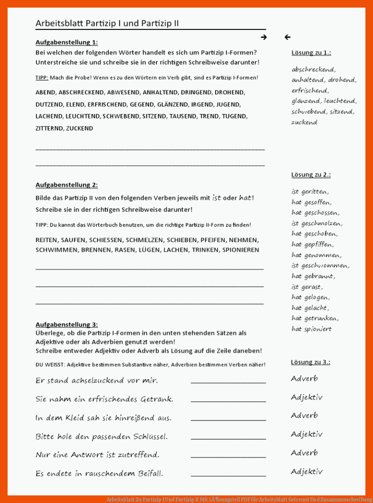 Arbeitsblatt Zu Partizip I Und Partizip II Mit LÃ¶sungsteil | PDF für arbeitsblatt getrennt und zusammenschreibung