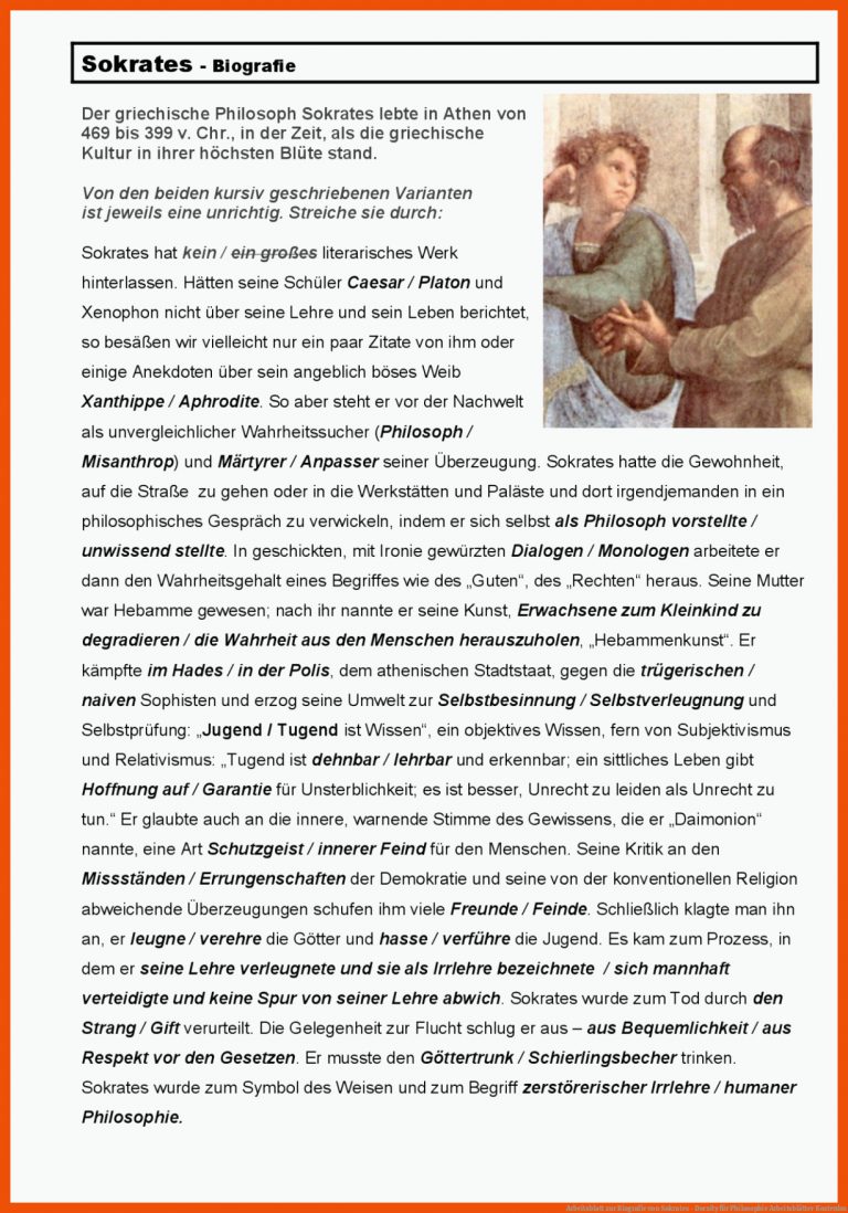 Arbeitsblatt zur Biografie von Sokrates - Docsity für philosophie arbeitsblätter kostenlos