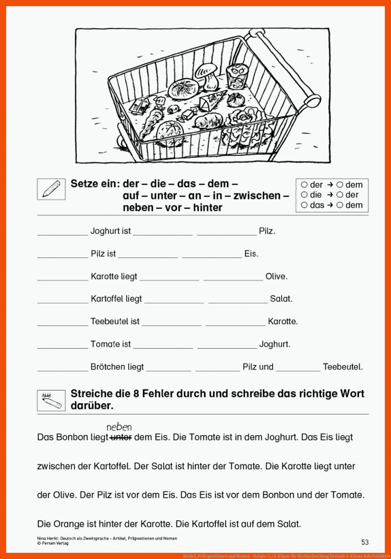 Artikel, PrÃ¤positionen und Nomen - Schule, 3./4. Klasse für rechtschreibung deutsch 4. klasse arbeitsblätter