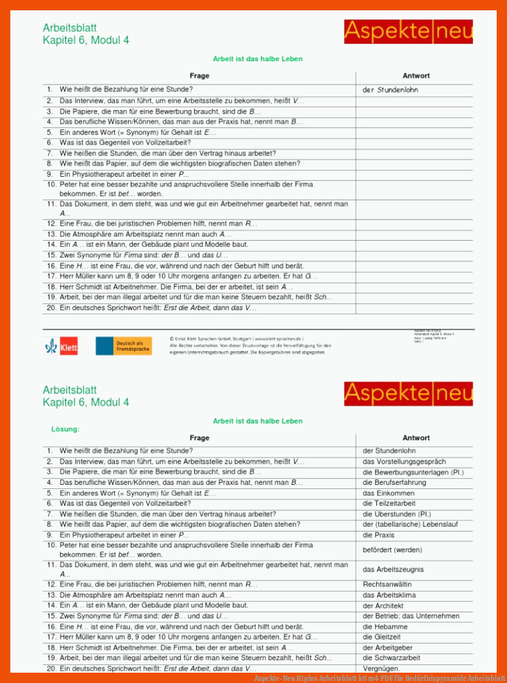 Aspekte-Neu B1plus Arbeitsblatt k6 m4 | PDF für bedürfnispyramide arbeitsblatt
