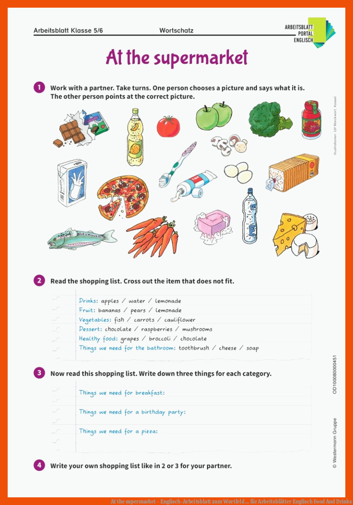 At the supermarket - Englisch-Arbeitsblatt zum Wortfeld ... für arbeitsblätter englisch food and drinks
