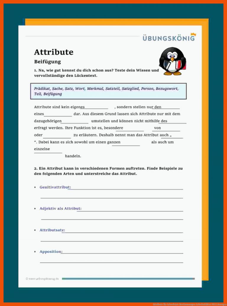 Attribute für adverbiale bestimmungen arbeitsblätter mit lösungen