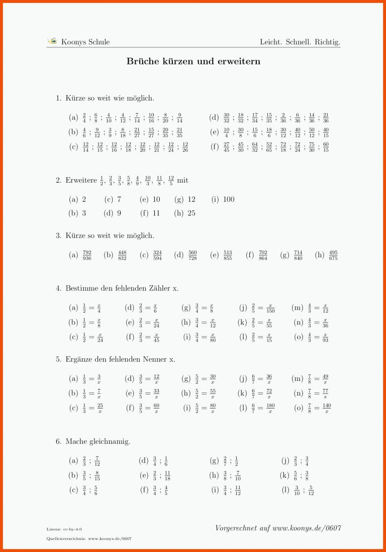 Aufgaben BrÃ¼che KÃ¼rzen Und Erweitern Mit LÃ¶sungen Koonys Schule ... Fuer Erweitern Von Brüchen Arbeitsblätter