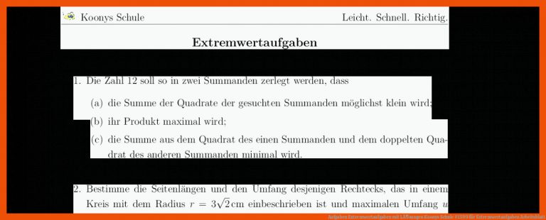 Aufgaben Extremwertaufgaben mit LÃ¶sungen | Koonys Schule #1599 für extremwertaufgaben arbeitsblatt