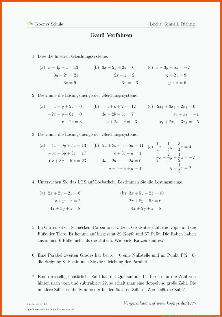 Aufgaben GauÃ Verfahren mit LÃ¶sungen | Koonys Schule #1777 für gleichungssysteme textaufgaben arbeitsblätter
